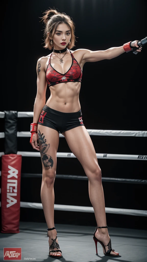 Beautiful Russian-Melanesian woman, (16 years old), Mixed Martial Arts Trainer, (Skinny Casual Clothing), (MMA Gloves ), Fit, (Muscle:1.2), Athletic Feminine Body, Female Fitness Model Body, Private MMA Octagon Background, Masterpiece, Perfect Lighting, Ultra High Resolution, 8K, She trains men in MMA for a living, She is an exceptional MMA fighter, Hard Toned Feminine Body, Short Hair, Bob Cut, (Hair Color is Pink:1.2), (Sexy Smile for the Camera:0.7), (Very Sexy Pose), (Holding a Very Large Gatling Gun in Her Hands, Holding a Very Large Gatling Gun in Her Hands, Standing with a Very Large Gatling Gun, Pointing the Muzzle of a Very Large Gatling Gun at the Screen:1.3), (Tattoos, Japanese Tattoos on Full Body:1.5), Red Lips, Red High Heels, Choker, Necklace, Earrings, (Very Detailed:1.4), From the front, looking at the camera, melancholic expression,