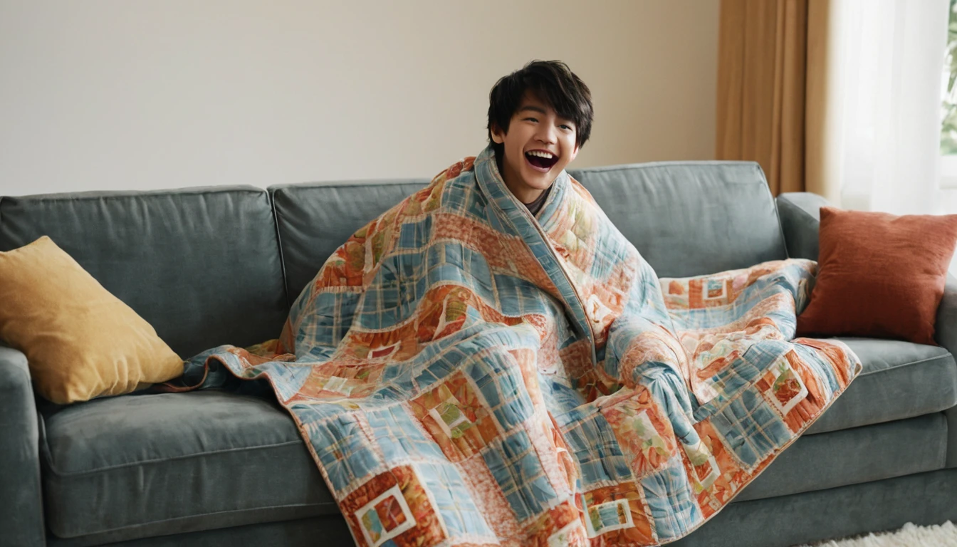 A 20-year-old boy,wrapped in a quilt,sat on the sofa in the living room,facing the camera,Happy, happy,Jump up with joy