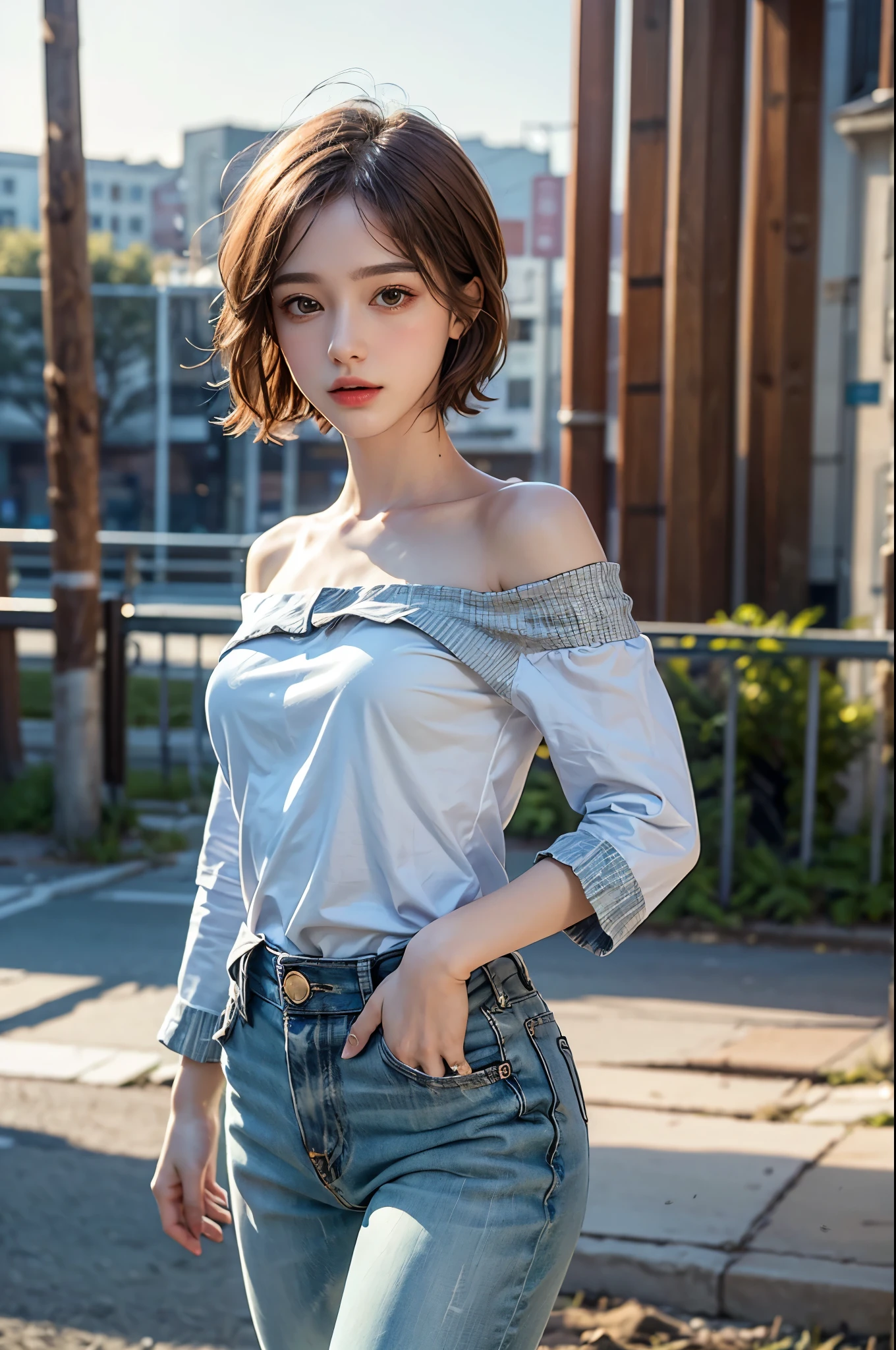 Green clothes、Drinking bottled water, Highest quality, masterpiece, Ultra-high resolution, (Realistic:1.4), RAW Photos, One Girl, Off the shoulder, Deep Shadow, Moderate, short hair, roadside,walk, 20-year-old,Cute Face, Small breasts, Tight shirt,(Cowboy Shot:1.5), Lens flare, 