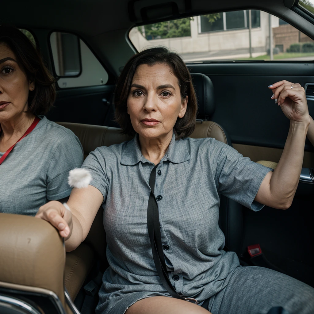 55 year old mother driving passenger car, turns her face to the right