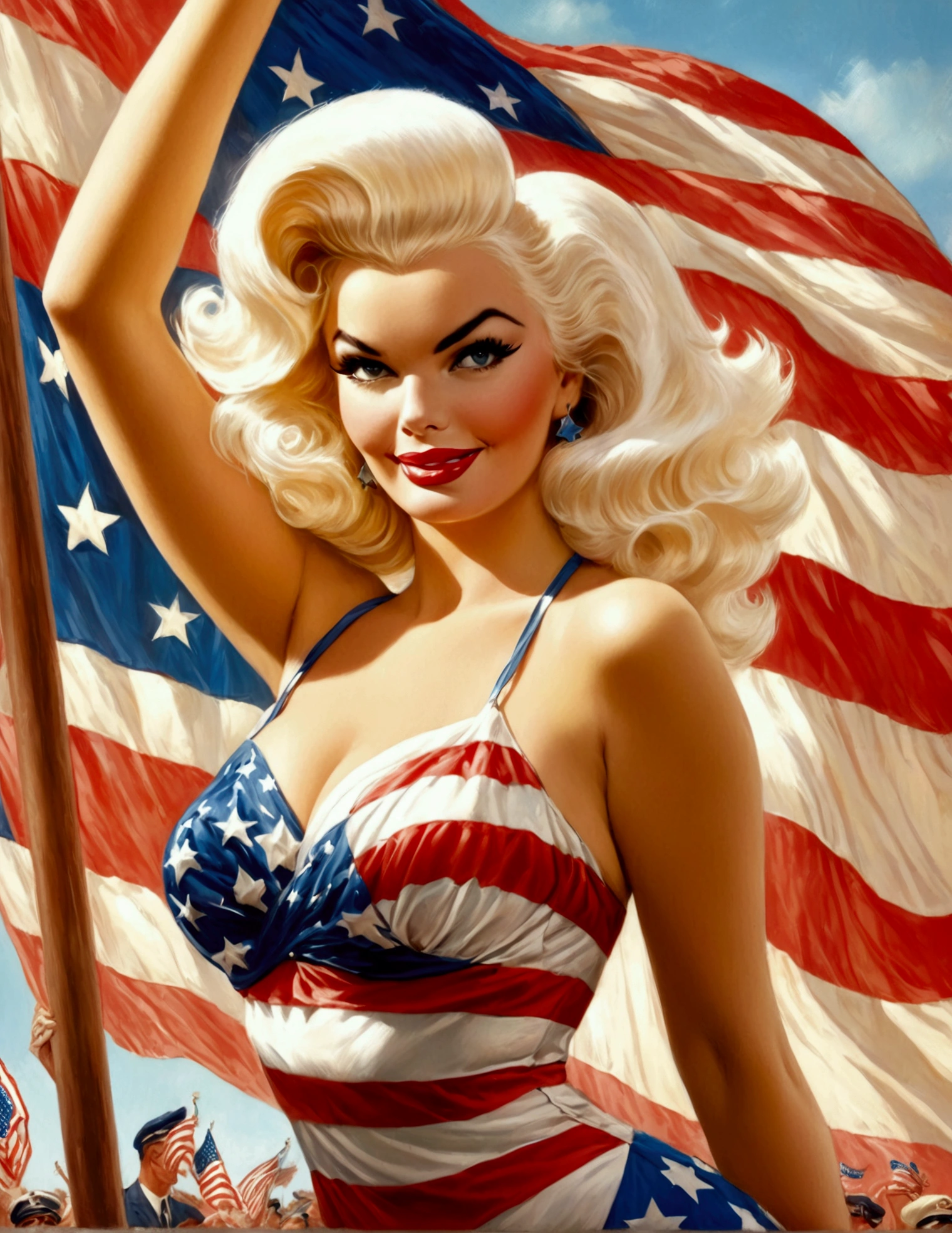 Jayne Mansfield, 25 years old, wearing a patriotic Trump bikini, waving an American flag, 50s style, MAGA poster in the background, detailed portrait, hyper realistic, cinematic lighting, dramatic pose, vibrant colors, sharp focus, photorealistic, masterpiece, intricate details, beautiful skin texture, glamorous makeup, perfectly styled hair, patriotic accessories, American flag waving, MAGA slogan, vintage aesthetic, high quality, 8k resolution