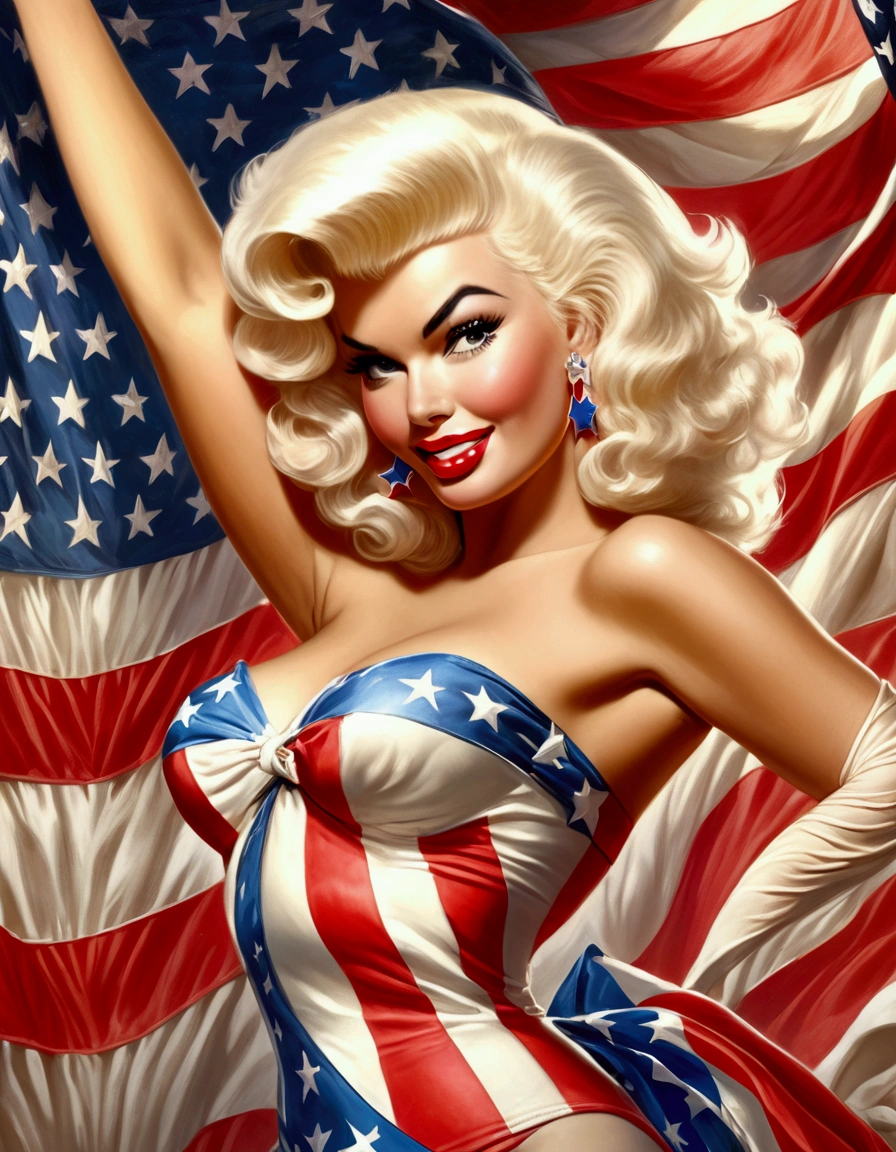 Jayne Mansfield, 25 years old, wearing a patriotic Trump bikini, waving an American flag, 50s style, MAGA poster in the background, detailed portrait, hyper realistic, cinematic lighting, dramatic pose, vibrant colors, sharp focus, photorealistic, masterpiece, intricate details, beautiful skin texture, glamorous makeup, perfectly styled hair, patriotic accessories, American flag waving, MAGA slogan, vintage aesthetic, high quality, 8k resolution