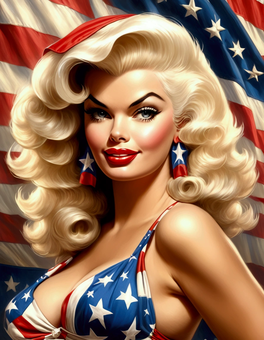 Jayne Mansfield, 25 years old, wearing a patriotic Trump bikini, waving an American flag, 50s style, MAGA poster in the background, detailed portrait, hyper realistic, cinematic lighting, dramatic pose, vibrant colors, sharp focus, photorealistic, masterpiece, intricate details, beautiful skin texture, glamorous makeup, perfectly styled hair, patriotic accessories, American flag waving, MAGA slogan, vintage aesthetic, high quality, 8k resolution
