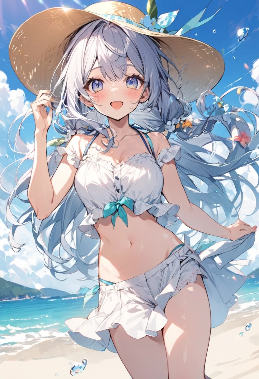 (Vulgar,nsfw),silver blue hair,((butts and back focus,looking back)),
(skirt lift,very windy),(beautiful elegant white panties),very low angle,from below),((masterpiece, highest resolution,best quality)), (beautiful illustration), ((Kamisato Ayaka in Genshin Impact)), ((semi long beautiful silver blue hair,blunt bangs,pony tail,beautiful blue eyes)),(solo),(beautiful elegant office blouse and black skirt,skirt lifted by the wind),(looking at the viewer), (walking around the beach,),
(innocent smile, Embarrassed),(white over-kneehighs,Lace chalker, wristband, fingerless gloves, over-kneehighs,
Lace chalker, diamond necklace,wristband, fingerless gloves, earrings), (cinematic lighting, very windy),beach, sand, blue sky, waves, coconut tree,fish,boat,sea gull,(from the ground),(beautiful elegant Underwear patterns),