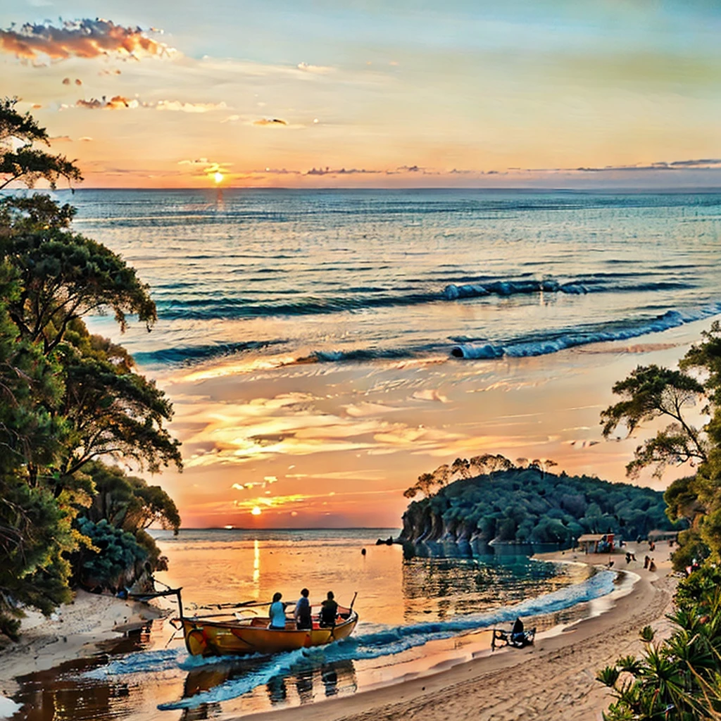 Turquoise waters lap gently against the Mexican Panga's hull as fishermen navigate their boat with awning,
anchored in the beach shore. The sky above is a masterpiece of pink and orange hues, reminiscent of an oil painting.
Fishing rods lean against the side of the vessel, while palapas and rock formations rise from the shoreline.
People stroll along the beach, adding warmth to the scene. In the distance, a colorful,
realistic painting of fantastical creatures appears in the landscape's depth.
The camera captures a sharp focus, employing the rule of thirds to place the subject at the intersection of two diagonals.
Filmed during magic hour, the brilliant white light casts a cool atmosphere, inviting the viewer to enter this mystical realm.
