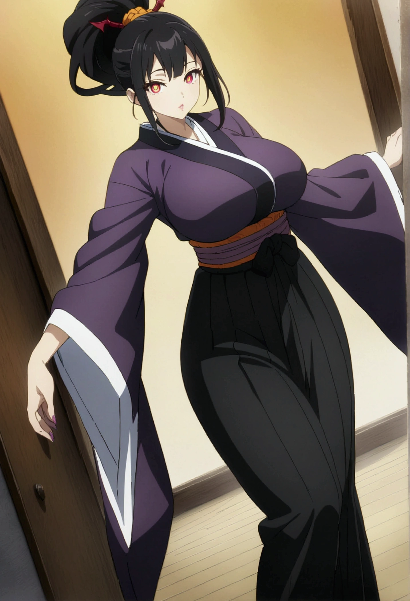 beautiful detailed eyes, beautiful detailed lips, extremely detailed eyes and face, long eyelashes, 1 girl, anime, anime style, anime girl, big breasts, tall black hair, tall ponytail, orange highlights, 6 red eyes, kanji, yellow pupils, wearing purple kimono with black hakama in Demon Slayer style, masterpiece, best quality, 