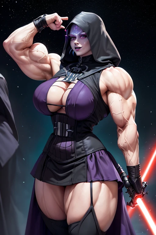 ((Massive, tall, beautiful, buff, muscular light brown skinned female Sith Lord with shocking pink hair, black lipstick, ginormous bulky muscles, holding a red lightsaber and wearing a long gothic dress with a Sith hood)), (close view), black eyeliner, massive muscles, massive biceps, hyper muscle triceps, angled bob cut, (((glowing red eyes))), (long gothic dress), sith boots, In space, (Sith hood), nighttime, (evil smile), hyper muscles arms, hyper muscle legs, massive arms