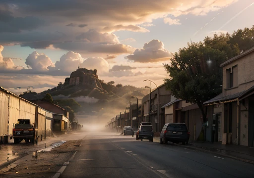 Big warehouse, epic, absurdres, (workers behind set 1.1) cinematic, dynamic view angle, volumetric lights, mist, cinematic, dutch angle, quarry, dust, volumetric lights, wet road after rain, mist, sunset, sun low on horizon, clouds, landmark project