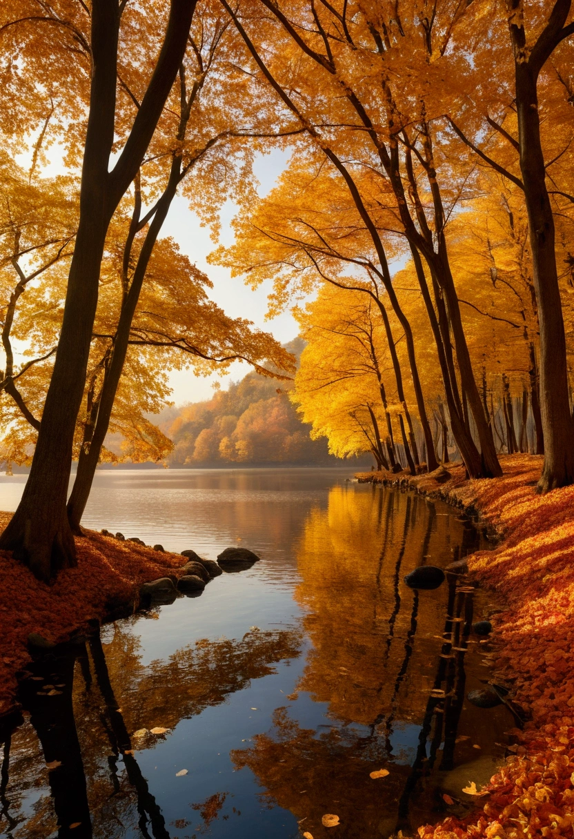 /Imagine Prompt: Color photos surround a sea of autumn leaves, painting the world in shades of orange and yellow
    Trees ablaze with vibrant hues, Leaves dancing like flickering flames in the sunlight, Ginkgo trees dressed in gold, A kaleidoscope of fallen leaves, each one shining like a precious jewel, Woven into a tapestry of red, yellow, and Brown, Quiet Lakeside, The rippling water reflects the color of the sky, and in the distance, a misty mountain.々, It resembles an ethereal ink painting of golden reeds by the water., Harmony with the sparkling lake and the stars twinkling in the night sky, A gentle breeze carrying the essence of autumn like nature&#39;s delicate pearls, The warmth of the bonfire hints at the coming coolness, The poetic beauty of deep autumn accompanied by the soothing chorus of insects, Fascinating and inspiring photos capturing the magic of nature, Evoke inner peace and serenity —c 10 —ar 2:3