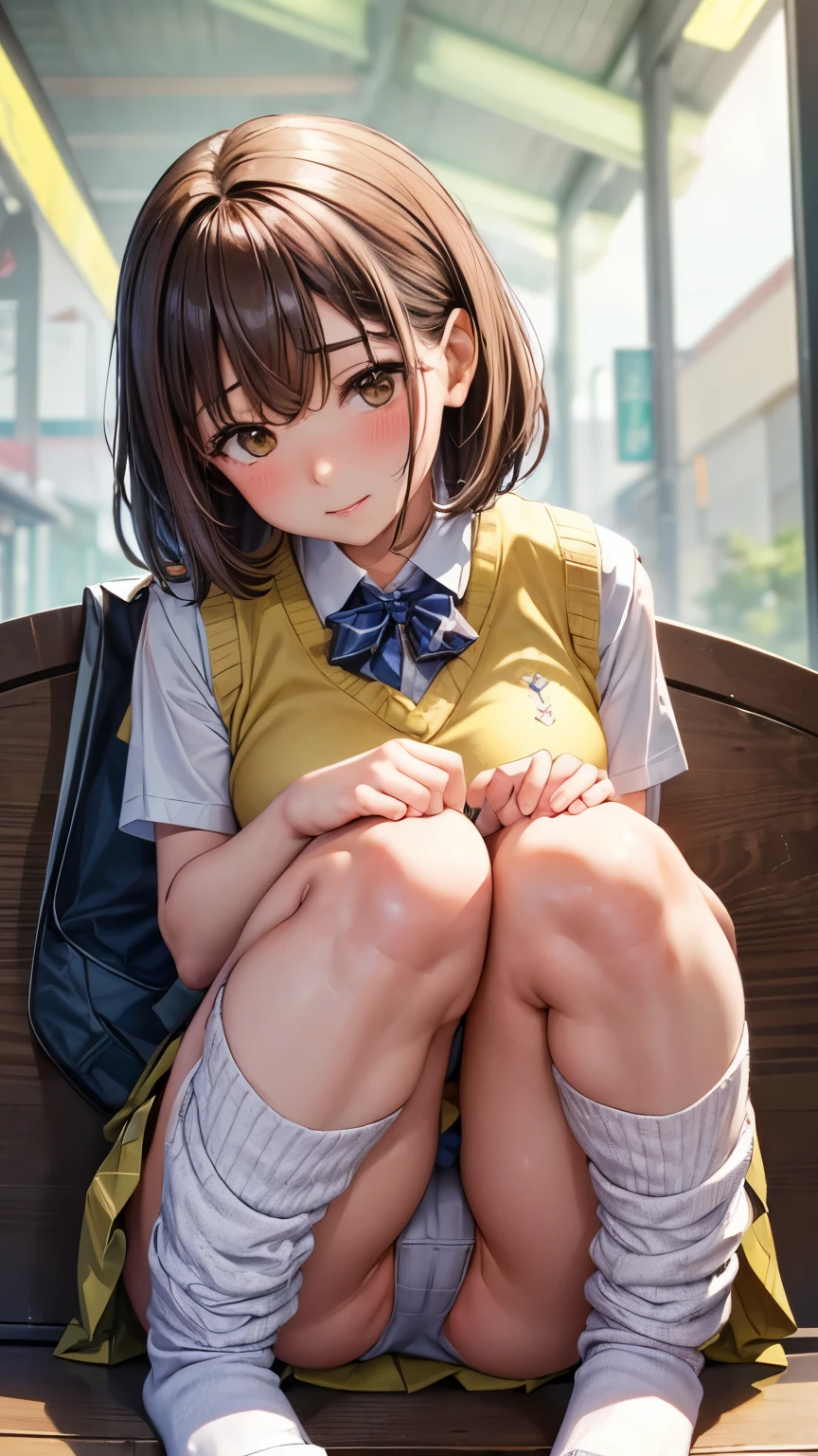 (((alone))),(((1 Girl))), beautiful, figure, Highly detailed skin, masterpiece, Highest quality, Highly detailed face, Vibrant colors, Depth of written boundary, Cinema Lighting,, One girl, alone, Brown eyes, Brown Hair, hair ornaments,short hair,Green Check Skirt,blush, White shirt, Yellow sweater vest,masterpiece Highest quality 高解像度、Anna Tanaka , Sit with your knees bent、eight-headed body、Beautiful feet 、On campus、As if looking up from below、Embarrassing,Browsing Caution,White panties,Camel Toe