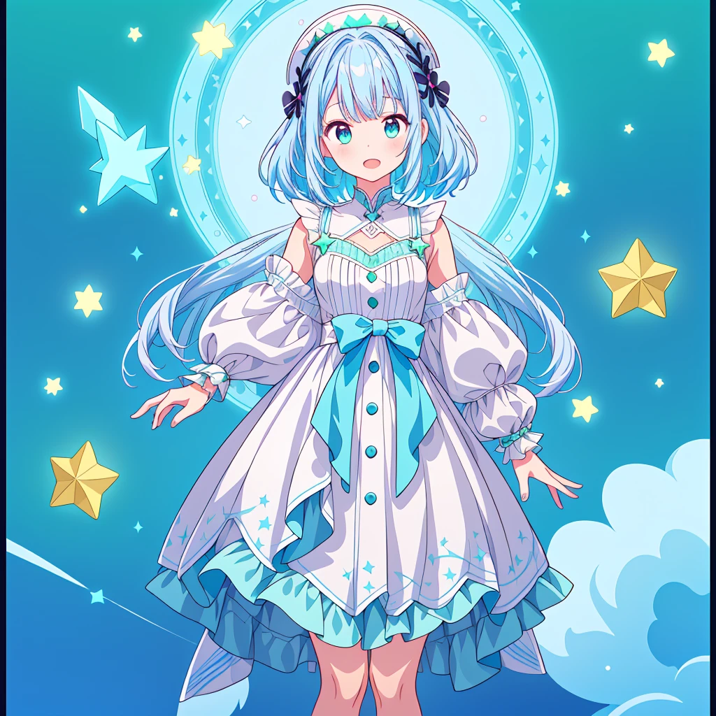 1girl、Star Fairy、Star incarnation、Character design front view、A picture facing the viewer、(((Super detailed、Highest quality、Masterpiece)))、Original cute hairstyle、Milky white and blue hair color、Simple Green Background、vtuber-fullbody,Original cute clothes in jet black and magenta、