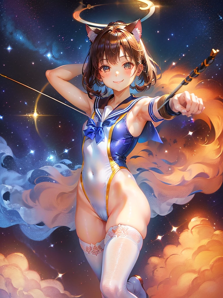 Highest quality,Highest Resolution,Masterpiece,(((A beautiful girl in a sailor leotard with a smile on her face))),High leg,Frills,White knee-high stockings,,Red tie,(((Cat ear))),(((Halation))),Brown hair short bob,(((Elaborate:archery))),White angel wings on the back,universe,Milky Way,Meteor,dark,Bow of Light,whole body,Bow of Light,A distant view,Side view,(((Draw the bow))),Halo,弓を引いている,