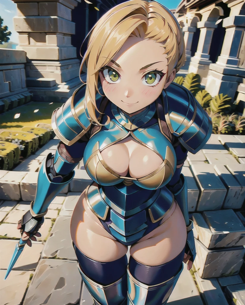 masterpiece, best quality, highres, extremely detailed, (cg illustration),
((1girl as armored knight)) with
(detailed face and glossy detailed green eyes), holding a spear
outdoors, medieval, arabic city, morning, pavement,
(painterly, depth of field), fine details, ((nsfw)),
(solo, female focus, solo focus), face focus,
(she wears steel highleg armor) and elbow gloves and armored thighboots,
(looking at viewer), blushing, confident, light smile,
bursting breasts, cleavage,
upright,
cowboy shot, medium shot, dynamic lighting,
(sharp, cel shading), outline, fantasy, baroque, traditional media,