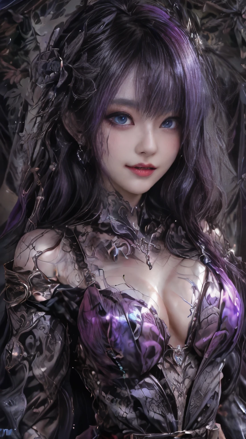 強力なスーパーevil女がクローズアップでポーズをとる, Black Goddess (Exposing shoulders), length, Flowing purple hair, View your audience, Highly detailed face, Perfect hands, Blue smoke swirling around her, evil事を愛する, Captivating blue eyes, Dark fantasy, , realistic girl rendering, 8k artistic german bokeh, Enchanting girl, Real Girls, Gurwitz, Gurwitz-style artwork, Girl Roleplay, Realistic 3D style, cgstation Popular Topics,, 8K Portrait Rendering,(truth,truth:1.4)、Genuine, Symmetric, Attention to detail, Esoteric arachnids lady, Spider Queen Elise, League of Legends, Esoteric arachnids, Combat Stance, ( The body is made with liquid metallic paints in metallic mauve and metallic black....、It beautifully depicts the female form....。), length, Sharp Fangs, nature, ((Complex metallic colors in the foreground)), (( Fluid Mechanics, The most beautiful smooth scale face makeup, Smirking expression)) - Dark blood, Onyxia、Noir painting of a beautiful young witch, length purple hair, dark purple lips, evil, evil女, smile, Black Prom Dress, She is coming to you, close, Bright Blue Eyes, Surrounded by swirling pink smoke, Genuine, Attention to detail, Highest quality