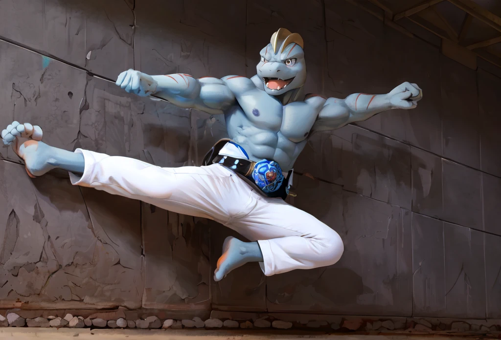 (((Barefoot furry character, full body, cinematic setting, furry male, plantigrade))) 

(((Machoke))) as Capoeira fighter, ((pokemon, long white pants, training Capoeira in the park))

blue body, bara:0.5

BREAK, intricate details, highly detailed, extreme detail, octane render, fine art, best quality, highres, (detailed face:1.5), ((full_body)), UHD, (((perfect hands))), (((perfect feet))), low light