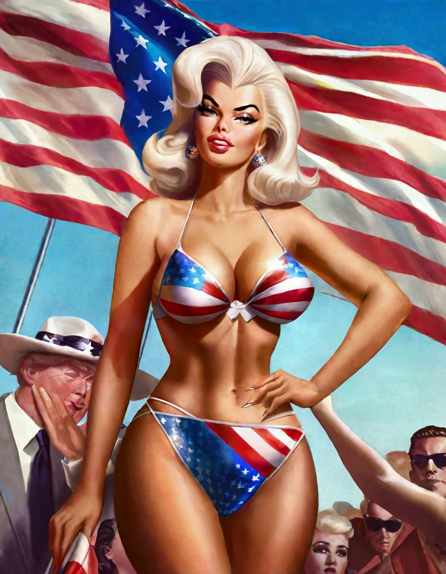 Jayne Mansfield, 25 years old, wearing a patriotic Trump bikini, waving an American flag, 50s style, MAGA poster in the background, detailed portrait, hyper realistic, cinematic lighting, dramatic pose, vibrant colors, sharp focus, photorealistic, masterpiece, intricate details, beautiful skin texture, glamorous makeup, perfectly styled hair, patriotic accessories, American flag waving, MAGA slogan, vintage aesthetic, high quality, 8k resolution