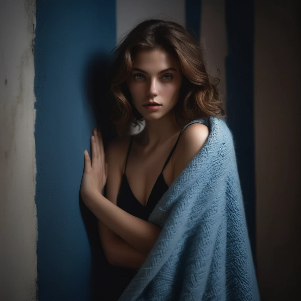 Wonderful girls (23 years old) who captivate those who see their fantastic Western beauty. Her expressive eyes sparkle with emotion, and her slender figure stands out. This scene depicts a woman leaning against a wall, arms raised, expressing raw emotion, and in a bright blue light. . The background is blank and the sharp contrast emphasizes her outline. The blue and black palette intensifies the atmosphere and evokes a sense of mystery and charm. Subtle film grain and meticulous shading add thought and texture, while lighting dictates a chiaroscuro effect that emphasizes her expressive pose and gentle atmosphere. In the middle of the night, my whole body is covered with a blanket in bed, legs crossed.