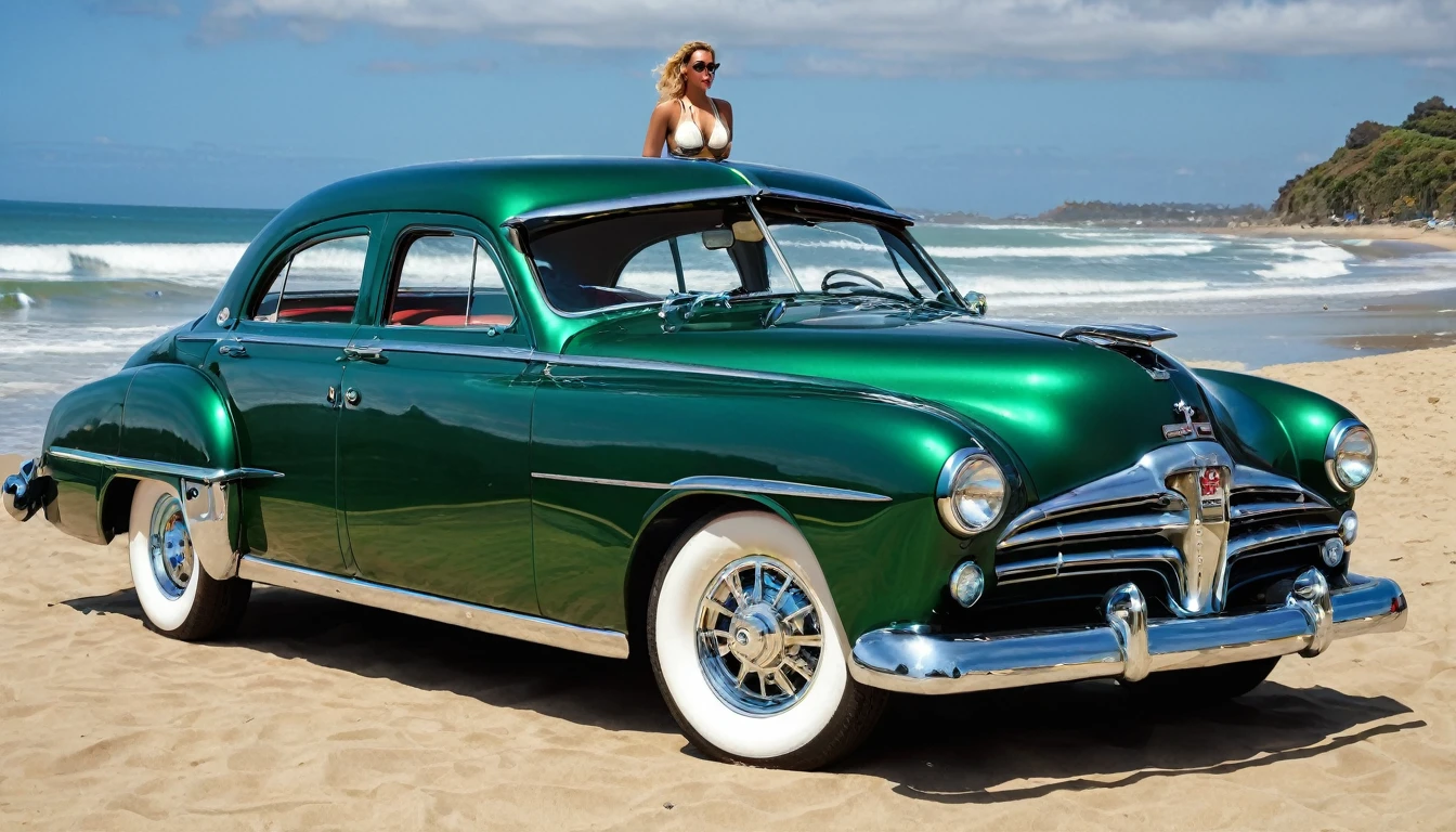((A realistic photo of a 1952 Dodge Kingsway Custom)),British Racing Green color with chrome mag wheels, parked at a surf beach on a summers day, best quality, very hi definition, 8k, Surfboards and bikini Girls standing next to the car, a 1950s poster,