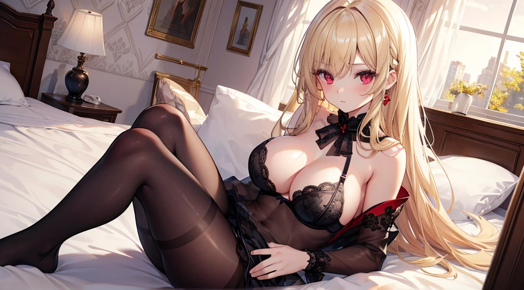 Highest quality, masterpiece,, figure, wallpaper,One girl,bra, Light Hair, Beautiful detailed girl, Highly detailed eyes and face, Beautiful attention to detail, Shine,Browsing Caution, View your viewers, bed, night, Black Pantyhose, Straight hair, Red Eyes, long hair,Blonde, thick_Thighs, Large Breasts, Red eyes,