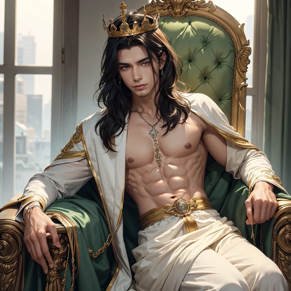 Make a man with a king's crown, the man with a stunning appearance, having a 'V' shaped face, a defined body with a defined and muscular chest, his arms and hands have veins showing, his eyes are slightly slanted, having his eyes are light green in color, his hair is long and reaches down to his waist, his hair color is black, he must have a piercing in his left ear, his skin tone is white, the man must be sitting on a royal throne while wearing clothes luxurious king blacks and clear lighting.