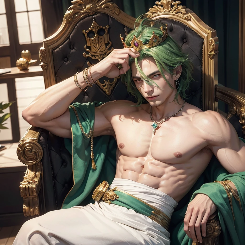 (hyper-realistic digital illustration), renaissance art, hires, best quality, boy wearing micro black thong, see-through black thong , front view, lying on his back, holding legs raised, athletic body, (white skin), bare chest, flat chest,(long green blue hair scruffy ), alluring expression, small waist, muscular.