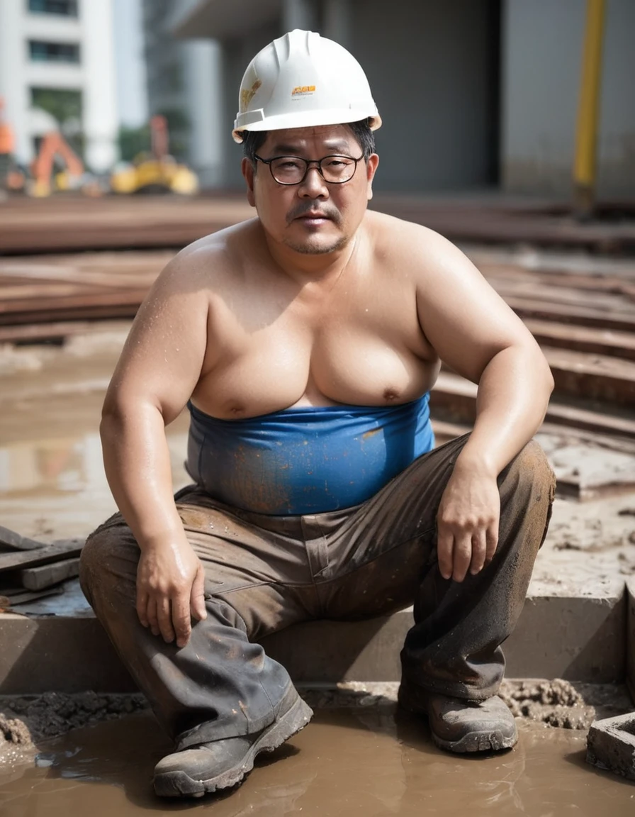 Male, Fat, Chubby, Asian, 50 years old, working in construction, Sitting, Working, Stained, Dirty, Wet, eye glasses, not wearing a shirt, Shirtless, wearing a safety hat, Bottom view, Look down.