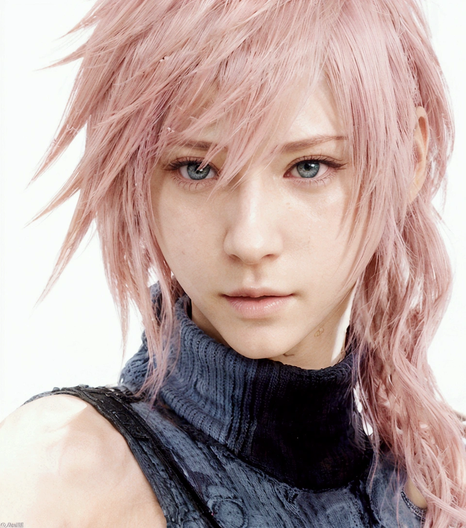 arafed image of a woman with pink hair and a blue turtle neck, final fantasy face, final fantasy character, from final fantasy xiii, from final fantasy, pink iconic character, final-fantasy, final - fantasy, style of final + fantasy + 1 5, square enix, style game square enix, final fantasy, pink wispy hair, final fantasy style