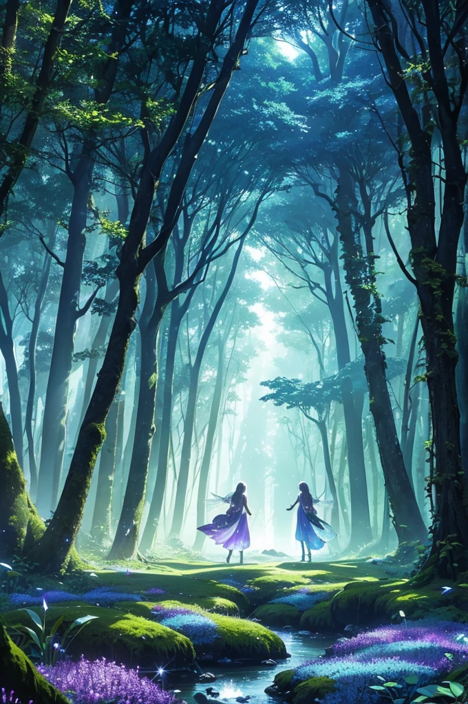 Draw a fantastic landscape of an enchanted forest at night. Giant trees with crystal trunks stand imposingly, with leaves that softly glow in shades of blue and green. On the forest floor, there is a carpet of luminescent flowers that emit a magical purple light. among the trees, small streams of crystal clear water flow gently, reflecting the light of the stars. Fairies with translucent wings fly gracefully, leaving trails of shiny dust. Ao fundo, an ancient stone temple covered in moss and ivy stands partially hidden, with arcane symbols carved into its walls that glow a golden hue.