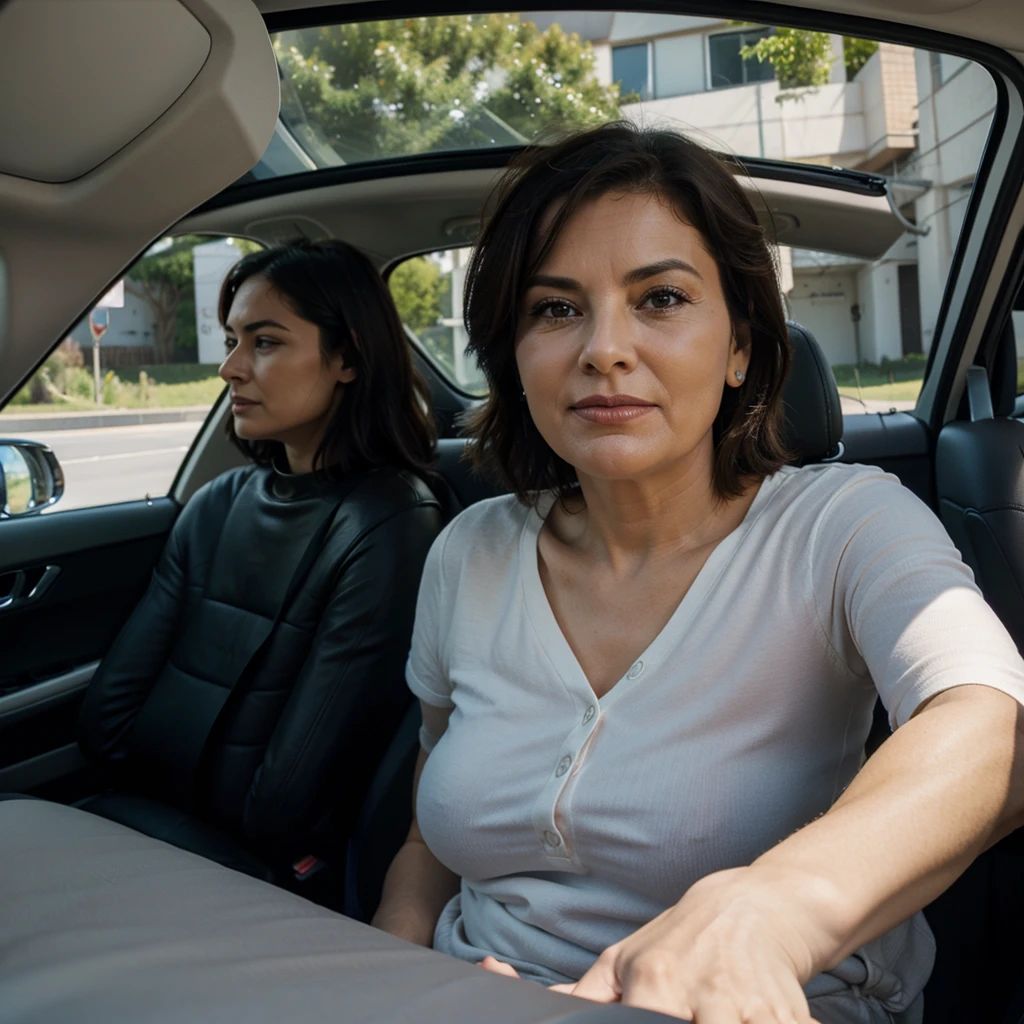 55 year old mother driving, turns her face to the right