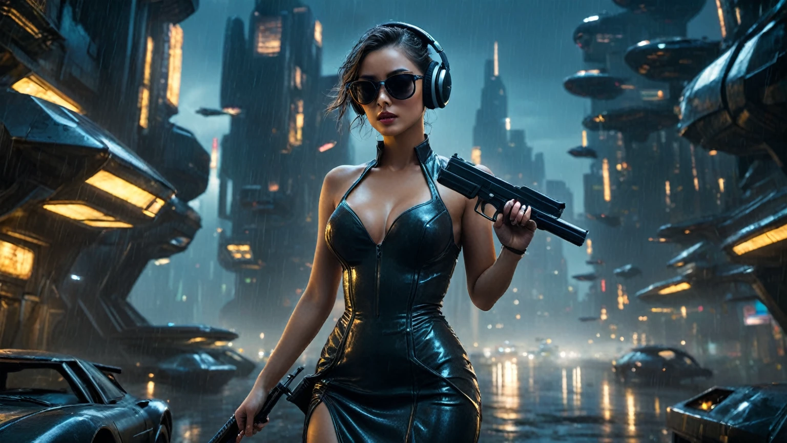 (aerial view, a flying cars docking platform, a very dark abandoned futuristic city), rainy night. (((1girl, solo, alone))), large-breast:1.2 slim body, cleavage:1.1, sexy wind blowing dress:1.4, (((headphone, black sunglasses, standing and holding pistol:1.8, dynamic rushing pose))), (((((half-body thigh level medium shot))))), cinematic lighting, lens flare, ray tracing.