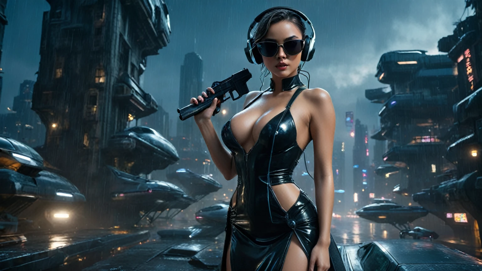 (aerial view, a flying cars docking platform, a very dark abandoned futuristic city), rainy night. (((1girl, solo, alone))), large-breast:1.2 slim body, cleavage:1.1, sexy wind blowing dress:1.4, (((headphone, black sunglasses, standing and holding pistol:1.8, dynamic rushing pose))), (((((half-body thigh level medium shot))))), cinematic lighting, lens flare, ray tracing.