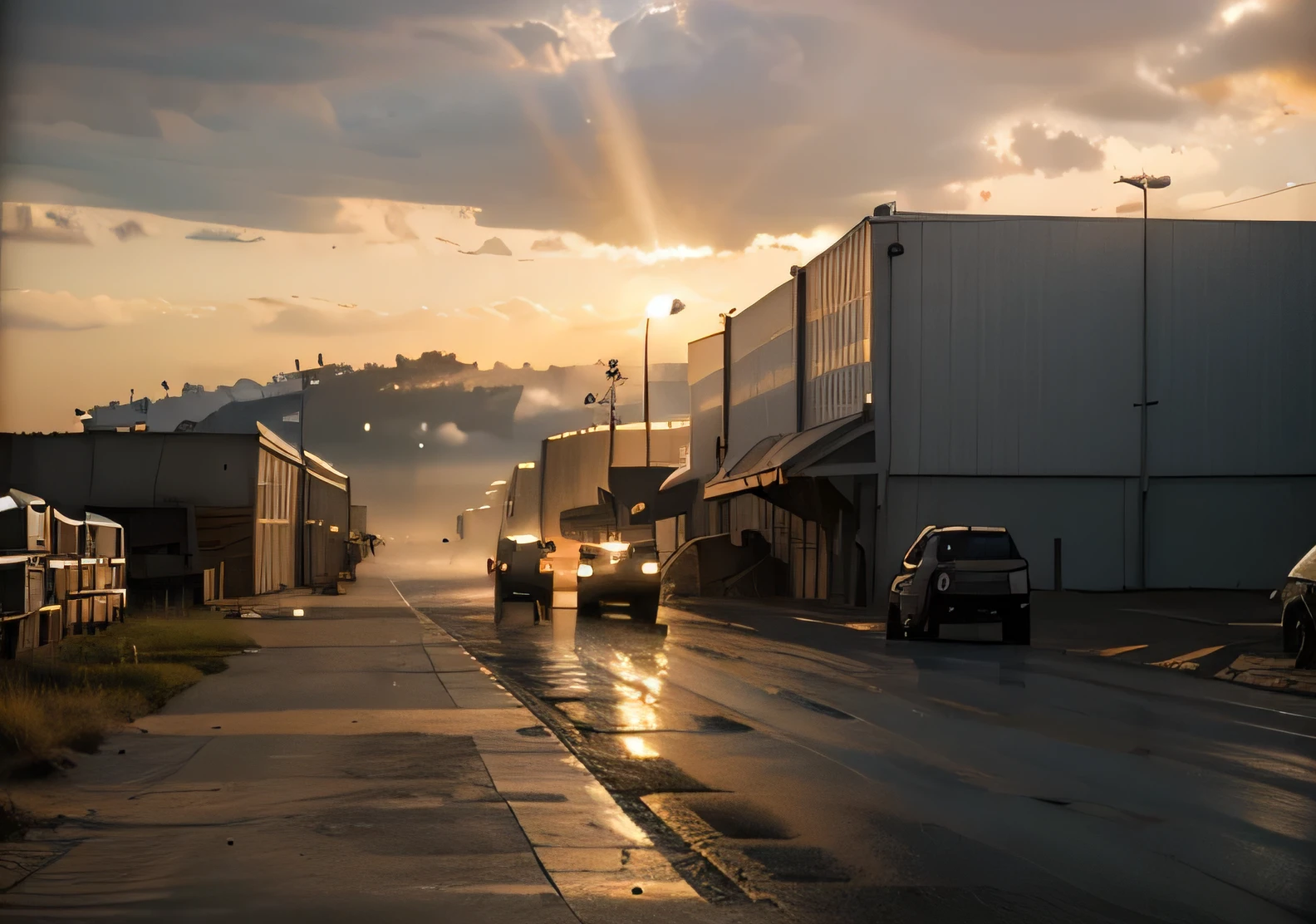 Big warehouse, epic, absurdres, (workers behind set 1.1) cinematic, dynamic view angle, volumetric lights, mist, cinematic, dutch angle, quarry, dust, volumetric lights, wet road after rain, mist, sunset, sun low on horizon, clouds, landmark project