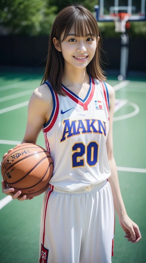 (Background during a basketball game),Asian woman in basketball uniform, wearing basketball jersey, (Photorealsitic:1.2),  (Anatomically correct), (Reflecting the whole body), (longshot),A smile,half-pants, closeup portrait shot, Refreshing young Japan woman, Cute gravure idol, full-body xianxia, nffsw, masutepiece, awardwinning, 8K, Best Quality, assist々Kiki, Kana Hashimoto, Mai Shiraishi, Nishino Nanase, Mayu Watanabe, Yuki Yoda, assist々xylophone, awardwinning, nffsw, masutepiece, Anatomically correct, At 8K,perfect-composition,Photographed by a professional photographer