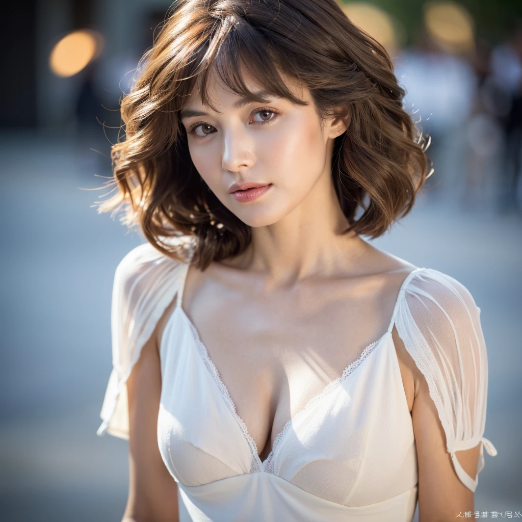 Beautiful mature woman with beautiful wavy long hair, Ultra-high resolution,(Realistic:1.4), ((Highest quality)), ((masterpiece)), (be familiar with),((Highest quality, 8k, masterpiece: 1.3)), Sharp focus Beautiful mature woman with perfect body, Slim abdomen, ((Layered Haircut: 1.2)), (White shirt), (street: 1.2), Highly detailed face and skin texture, Detailed eyes, double eyelid, sexy, Cleavage