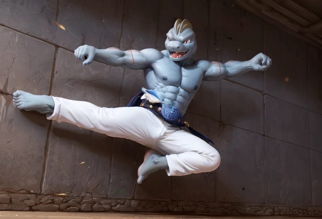 (((Barefoot furry character, full body, cinematic setting, furry male, plantigrade))) 

(((Machoke))) as Capoeira fighter, ((pokemon, long white pants, training Capoeira in the park))

blue body, bara:0.5

BREAK, intricate details, highly detailed, extreme detail, octane render, fine art, best quality, highres, (detailed face:1.5), ((full_body)), UHD, (((perfect hands))), (((perfect feet))), low light