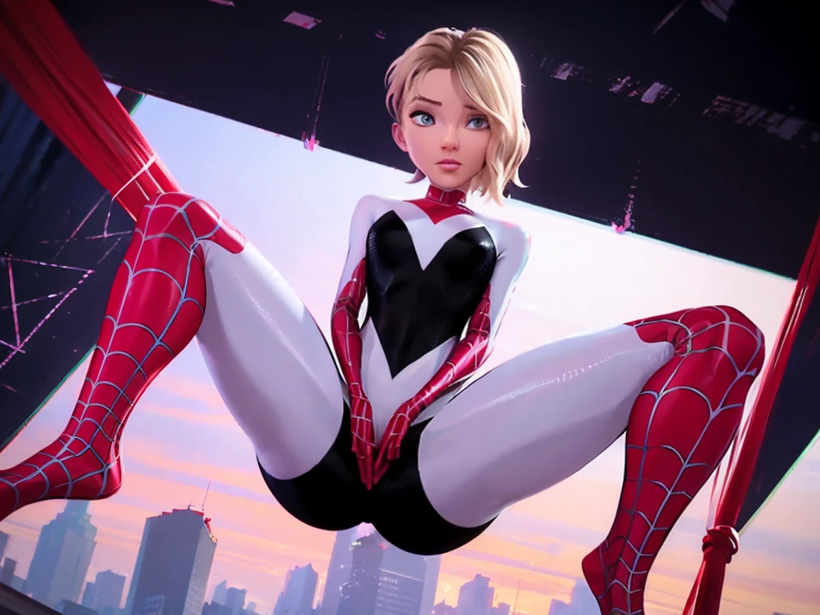 1girl, Sgwen is hanging her spiderwebs to suspend herself 30 feet above a busy city street, she is spreading her legs to show the crowd below her cameltoe, suspended in the air by webs, young, open legs, slut, nsfw, sexy, looking at crowd, audience