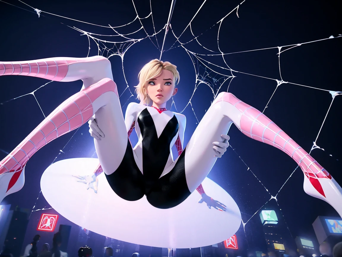 1girl, Sgwen is hanging her spiderwebs to suspend herself 30 feet above a busy city street, she is spreading her legs to show the crowd below her cameltoe, suspended in the air by webs, young, open legs, slut, nsfw, sexy, looking at crowd, audience