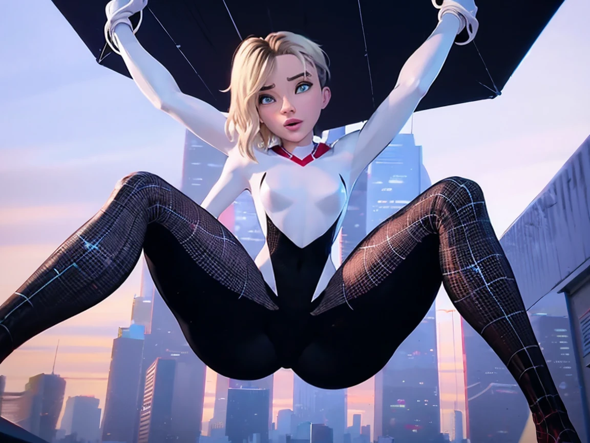 1girl, Sgwen is hanging from spiderwebs above a crowded city street, she is spreading her legs to show the crowd below her cameltoe, suspended in the air by webs, young, open legs, slut, nsfw, sexy, looking at crowd, audience, old men looking at girl