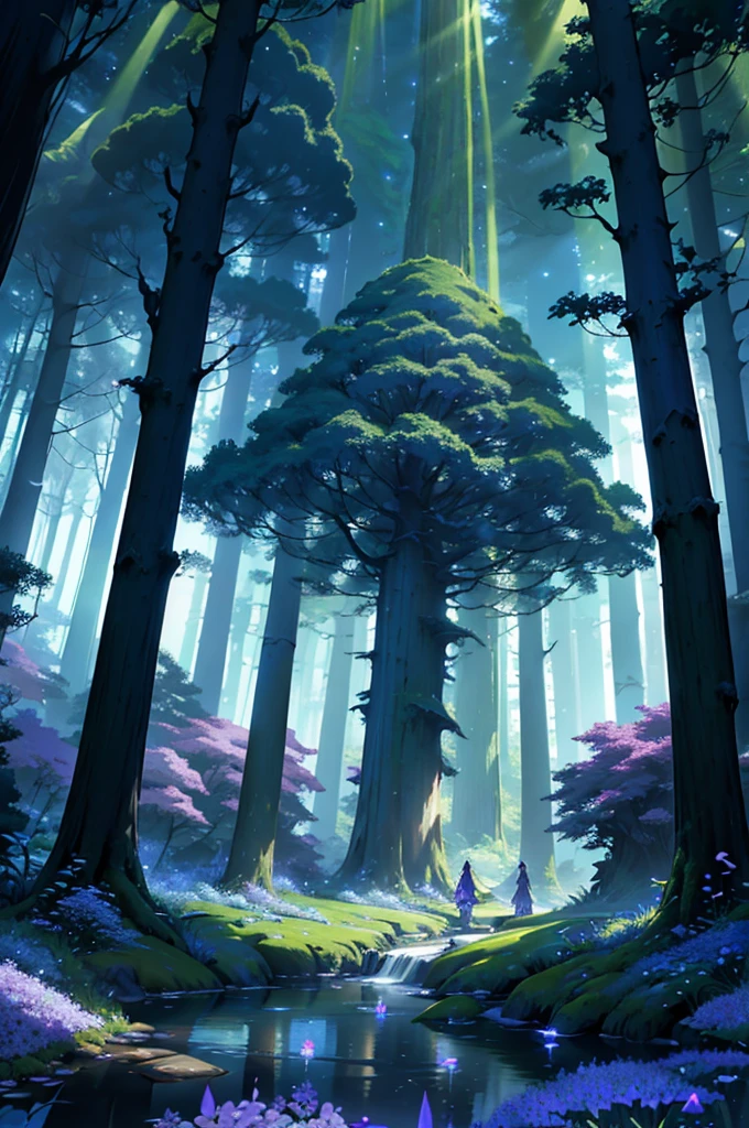 Draw a fantastic landscape of an enchanted forest at night. Giant trees with crystal trunks stand imposingly, with leaves that softly glow in shades of blue and green. On the forest floor, there is a carpet of luminescent flowers that emit a magical purple light. among the trees, small streams of crystal clear water flow gently, reflecting the light of the stars. Fairies with translucent wings fly gracefully, leaving trails of shiny dust. Ao fundo, an ancient stone temple covered in moss and ivy stands partially hidden, with arcane symbols carved into its walls that glow a golden hue.