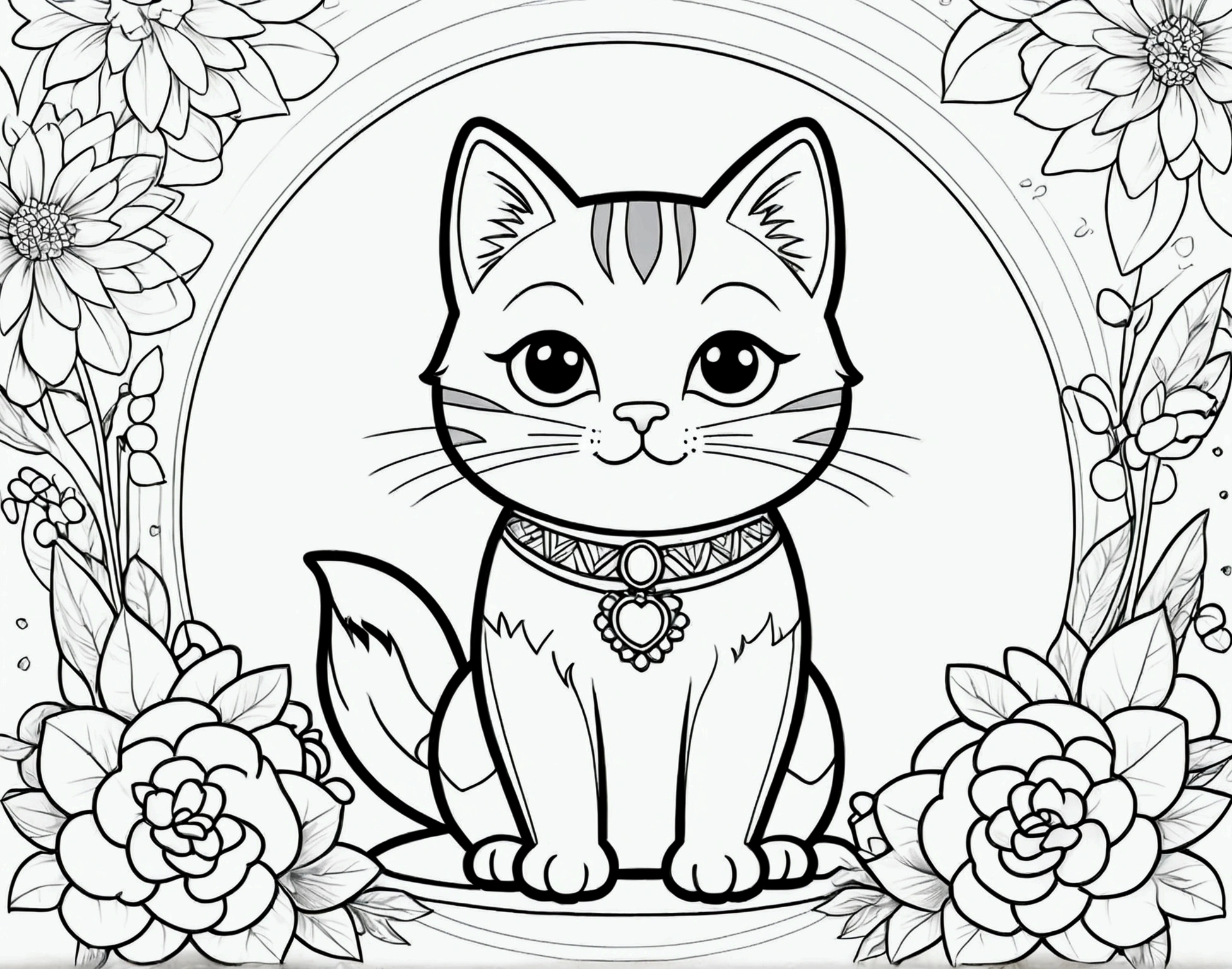 pussycat,cuddly, chibi, simple background, adorable animal, kawaii, vibrant colors, A printable black and white coloring page featuring cats, clean line art, The line is quite simplified.