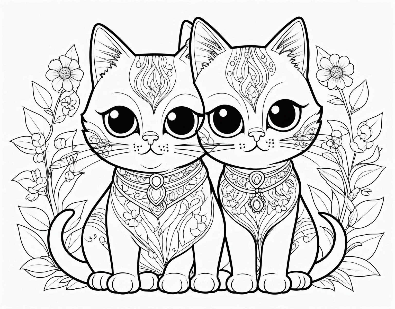 pussycat,cuddly, chibi, simple background, adorable animal, kawaii, vibrant colors, A printable black and white coloring page featuring cats, clean line art, The line is quite simplified.