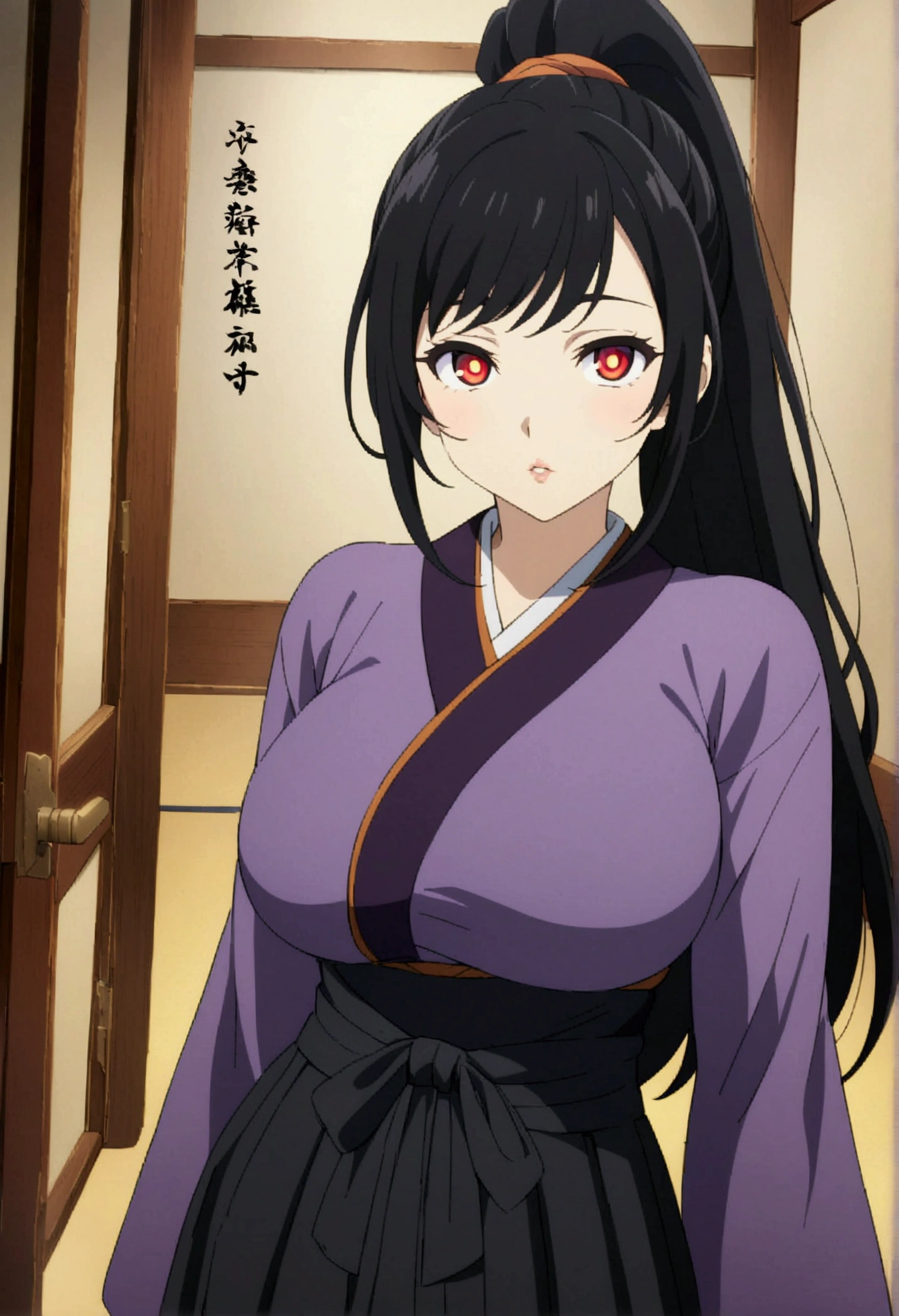 beautiful detailed eyes, beautiful detailed lips, extremely detailed eyes and face, long eyelashes, 1 girl, anime, anime style, anime girl, big breasts, tall black hair, tall ponytail, orange highlights, 6 red eyes, kanji, yellow pupils, wearing purple kimono with black hakama in kimitsu no yaiba style, masterpiece, best quality,
