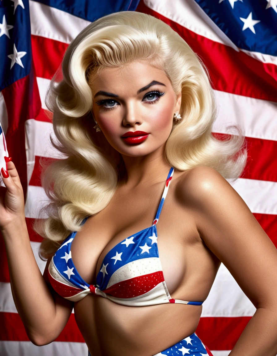 Jayne Mansfield, 25 years old, wearing a patriotic Trump bikini, waving an American flag, 50s style, MAGA poster in the background, detailed portrait, hyper realistic, cinematic lighting, dramatic pose, vibrant colors, sharp focus, photorealistic, masterpiece, intricate details, beautiful skin texture, glamorous makeup, perfectly styled hair, patriotic accessories, American flag waving, MAGA slogan, vintage aesthetic, high quality, 8k resolution