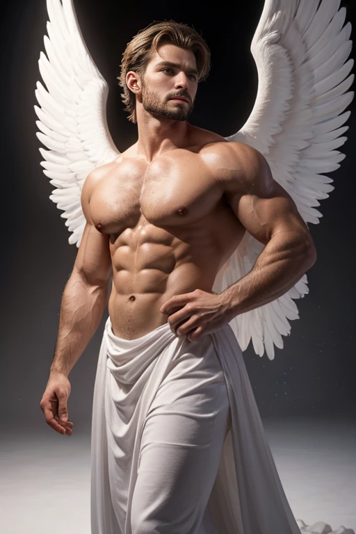 Describir en detalle la figura de un hombre, Archangel with angelic features turned completely to the left. torso denudo, grandes musculos, Como el pelo blanco, largo y liso, Las alas blancas y angelicales en su espalda, as well as its extremely striking beauty, encanto, The elegance and the angelic feeling that emanates from it. Imagine it on a stage with a white background, bathed in a radiant light, and explores how these elements combine to create a captivating, heavenly image.. (Hombre)
