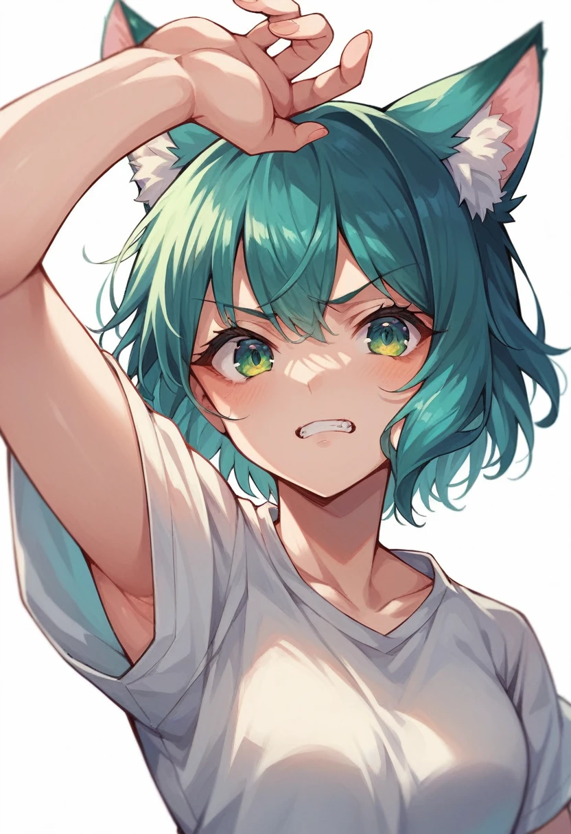 a closeup of a cartoon character with fox ears, fox girl, mikudayo, anime moe art style, Cat Mimi, short hair, anime girl with teal hair, dominant pose, portrait