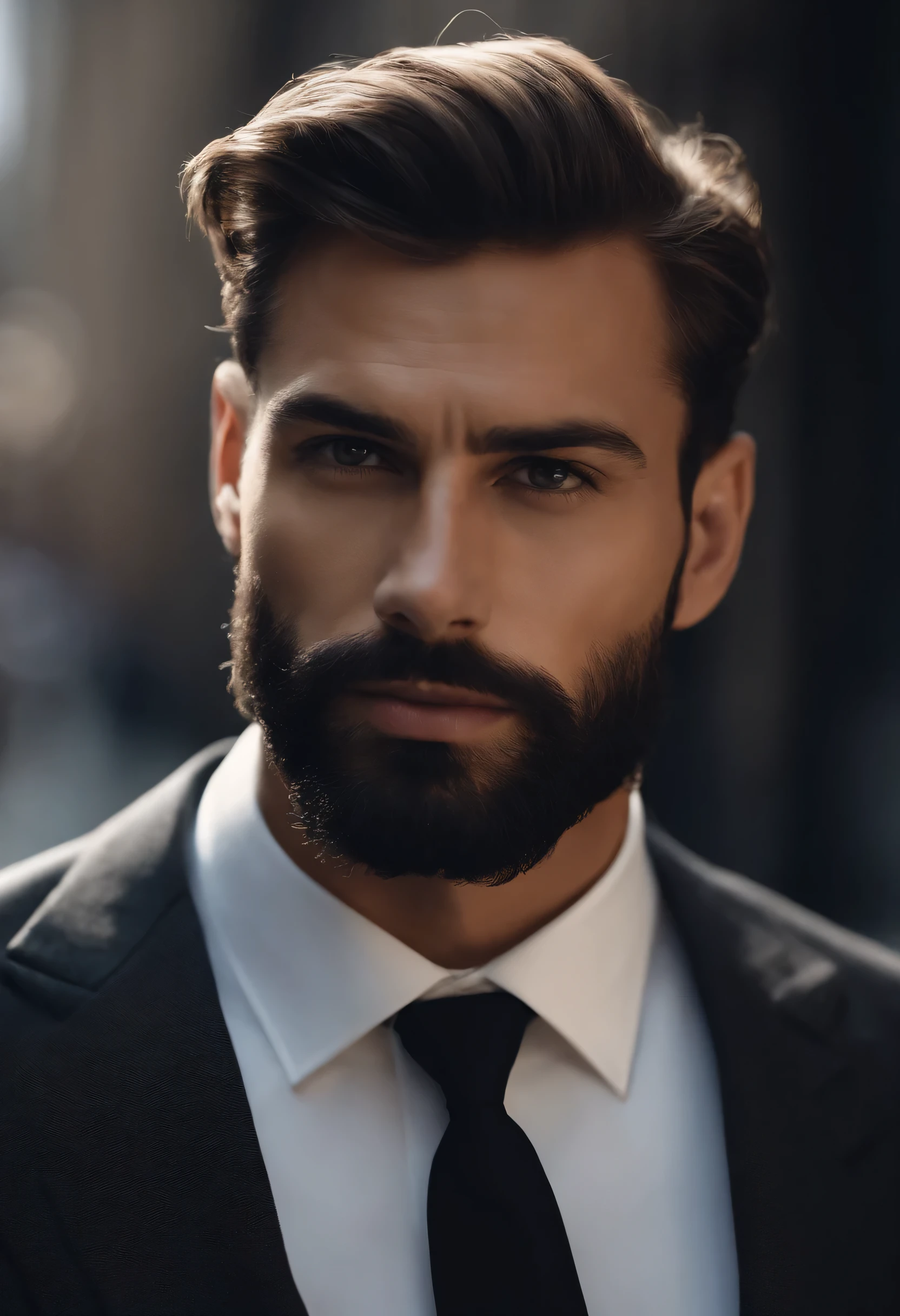 High above、Make a handsome 30 year old man in a black suit and tie, CEO, brown hair and beard, (Man in black suit and tie), ), (Use uma barba,) Attractive and serious appearance, short black hair, elegant and elegant, Shave well suited to the suit and strong body, (highly quality, realistic footage), Dark and light black in the background of the image, movie style, ((premier quality, 8k, work of art), ultra high definition photo, (beautiful detailed faces, skin texture detail, Hyper-detailed body:1.1)