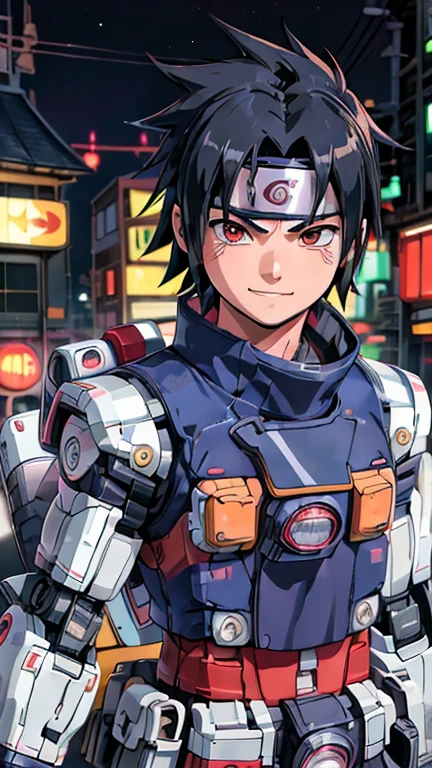 (8k),(masterpiece),(Japanese),(8-year-old boy),((innocent look)),((Childish)),From the front,smile,cute,Innocent,Kind eyes,Flat chest, Uchiha Sasuke,mecha,camisa,black Hair,Strong wind,night,dark, Neon light cyberpunk Konoha village