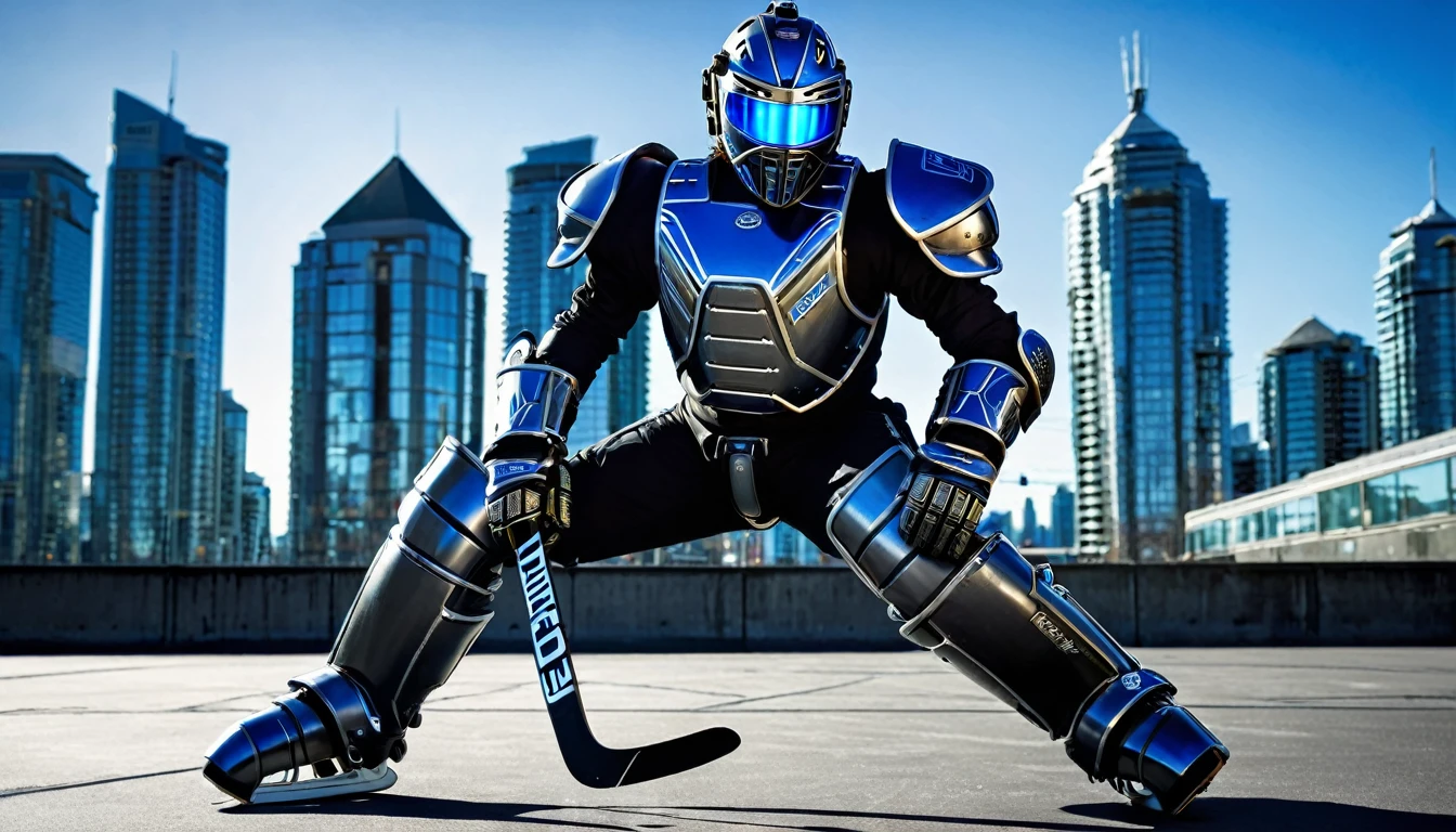 Jet black cybernetic mech suit ready for battle, battle pose, full body shot, Vancouver Canada, high-quality artwork, metal armour, intense lighting, cityscape background, heroic pose, dramatic shadows,, hockey helmet with blue visor, goalie hockey mask design, old goalie mask helmet design,