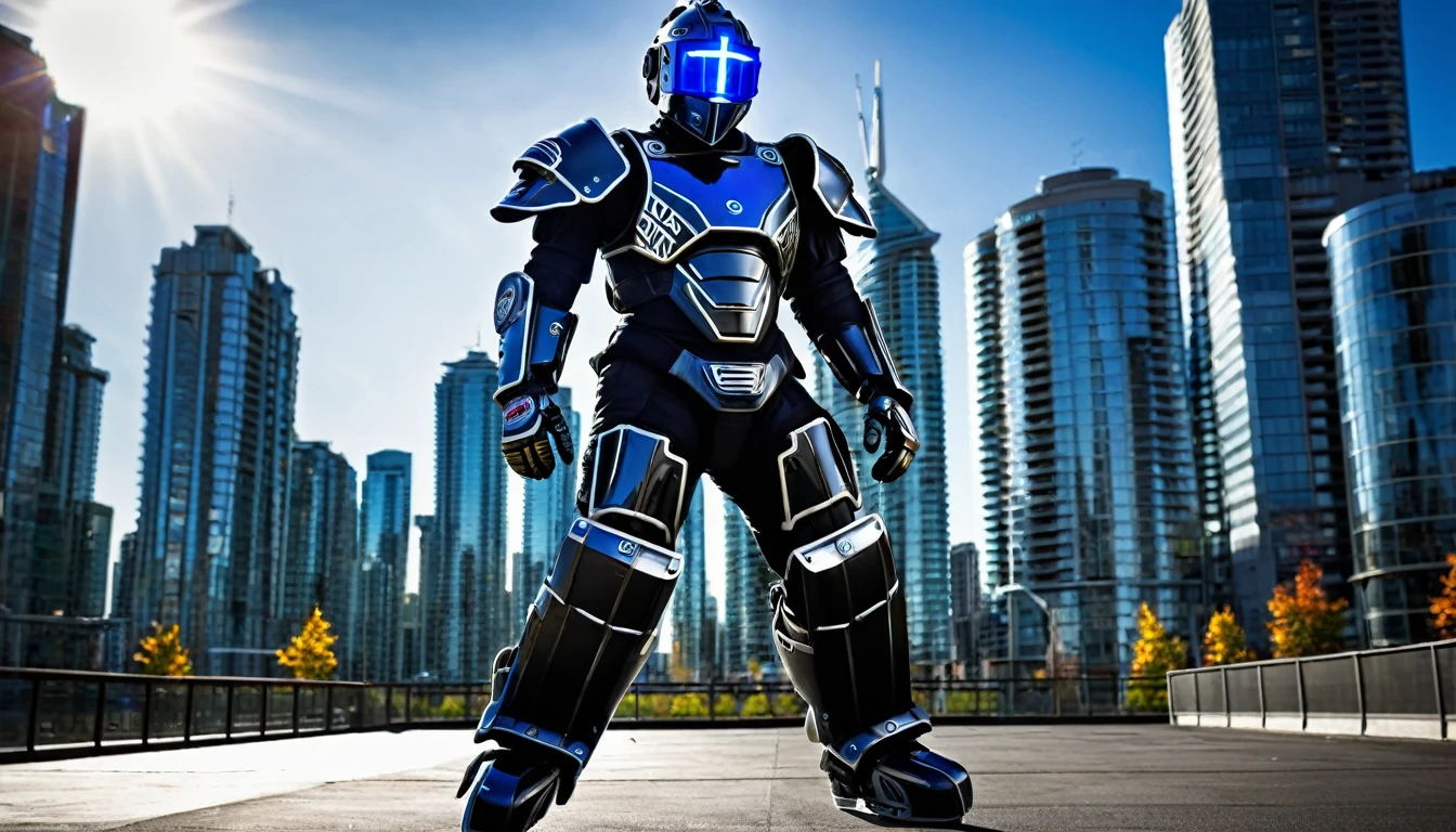 Jet black cybernetic mech suit ready for battle, battle pose, full body shot, Vancouver Canada, high-quality artwork, metal armour, intense lighting, cityscape background, heroic pose, dramatic shadows,, hockey helmet with blue visor, goalie hockey mask design, old goalie mask helmet design,