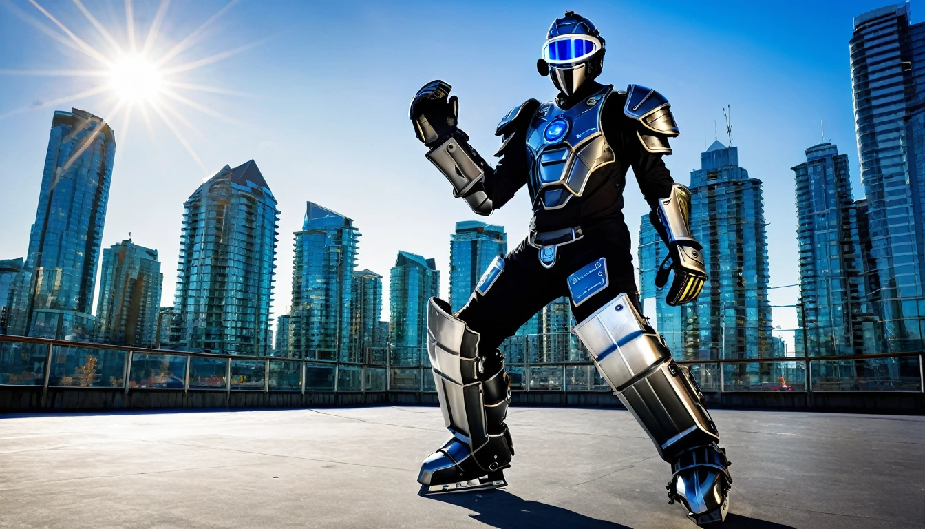 Jet black cybernetic mech suit ready for battle, battle pose, full body shot, Vancouver Canada, high-quality artwork, metal armour, intense lighting, cityscape background, heroic pose, dramatic shadows,, hockey helmet with blue visor, goalie hockey mask design, old goalie mask helmet design,